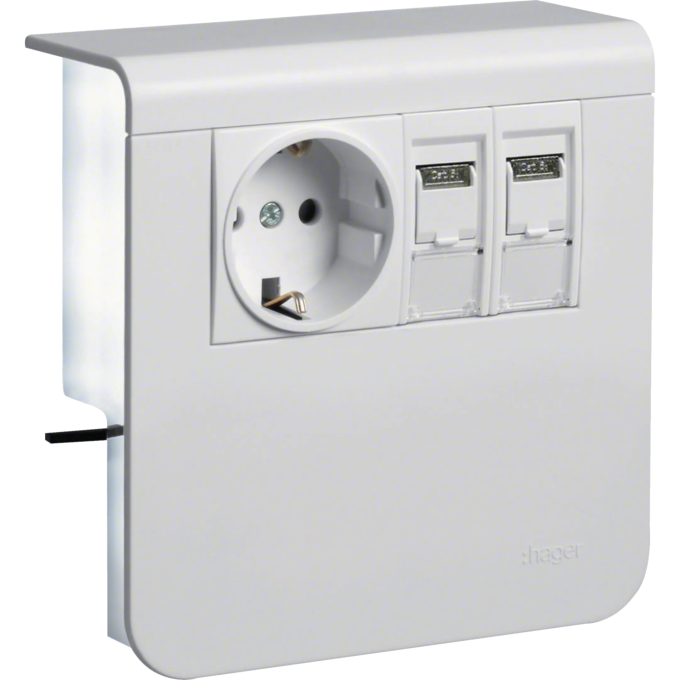 Держатель устройств HAGER SL new, с розетками Schuko (L+N+PE), 16A, 250A AC и 2хRJ45, чисто белый SL200809209010